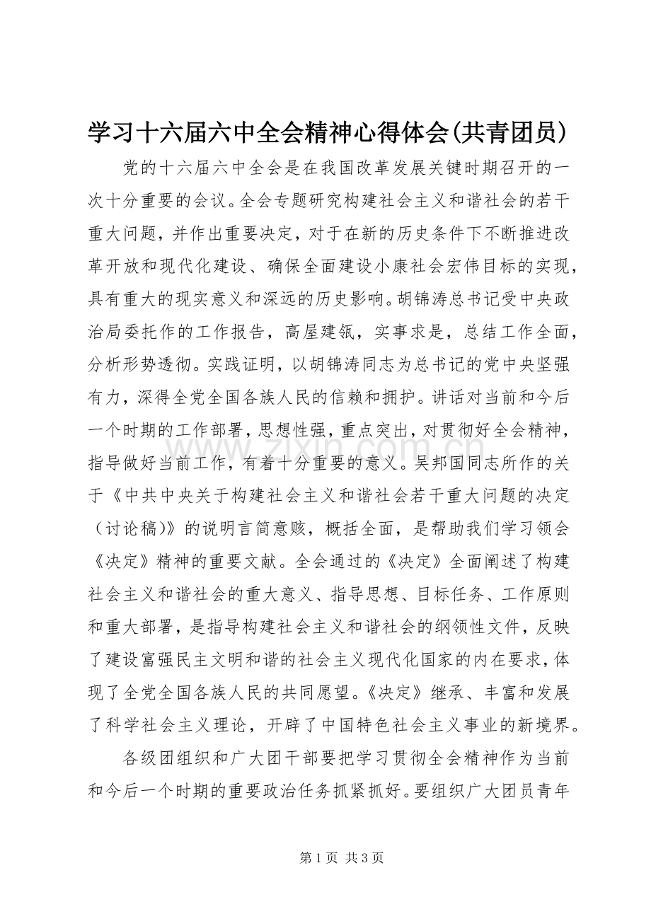 学习十六届六中全会精神心得体会(共青团员).docx_第1页