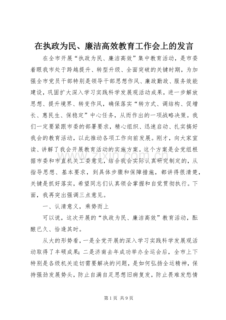 在执政为民、廉洁高效教育工作会上的发言.docx_第1页