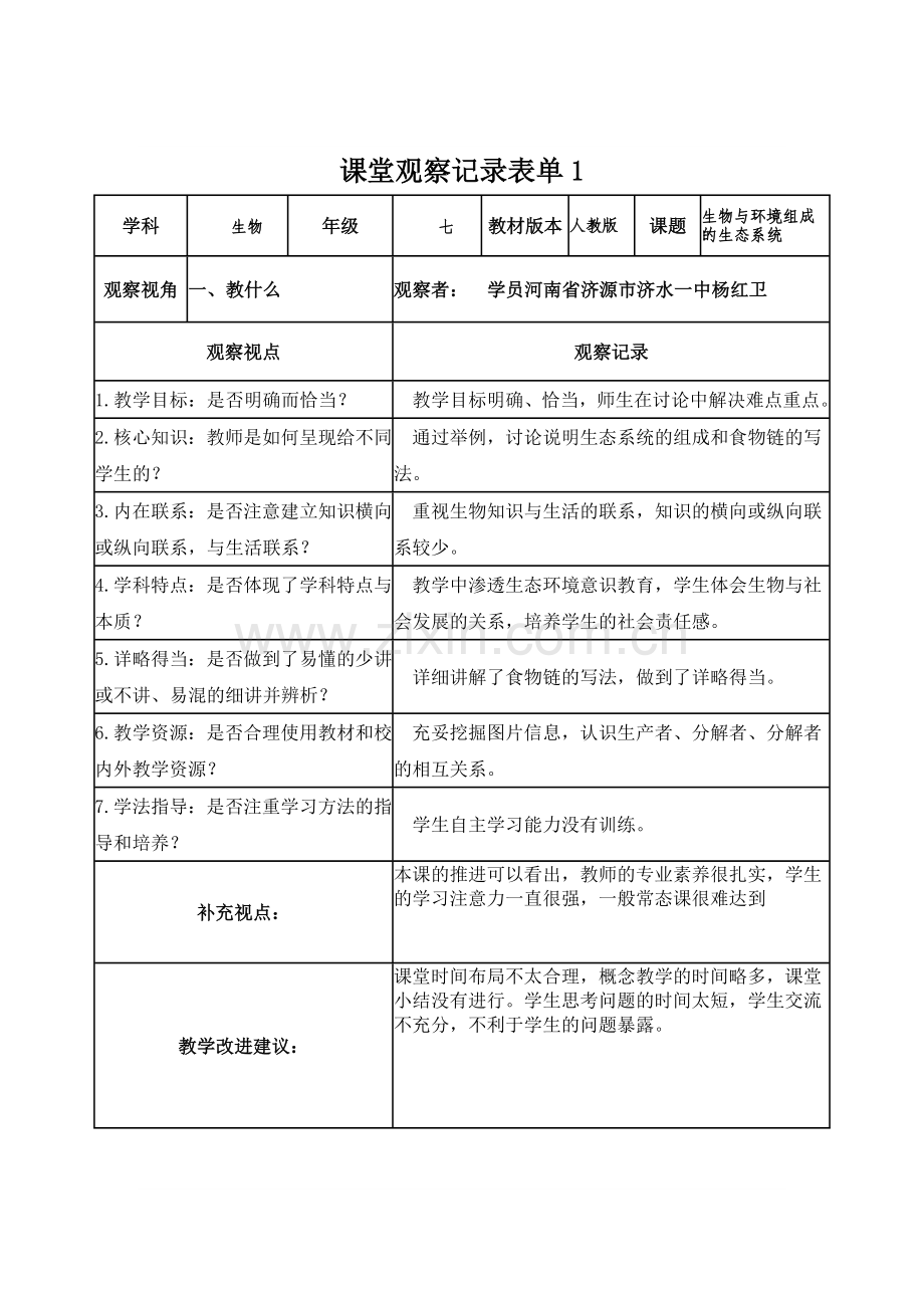 【学员】杨红卫课堂观察记录表单.doc_第1页