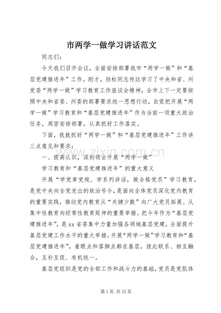 市两学一做学习讲话范文.docx_第1页