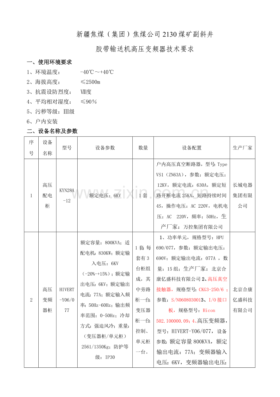 副斜井胶带输送机高压变频器技术要求.doc_第1页