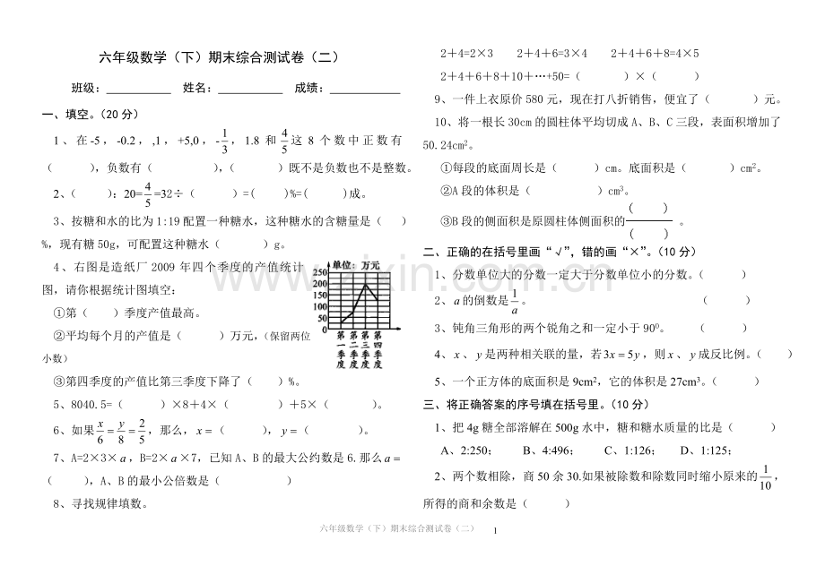 六年级数学(下)期末综合测试卷(二).doc_第1页