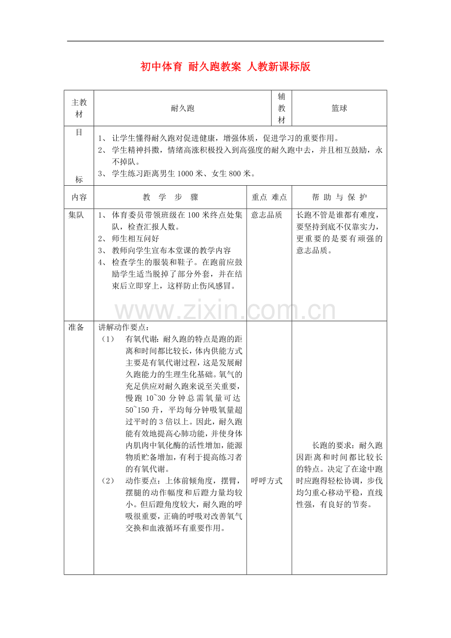 初中体育-耐久跑教案-人教新课标版.doc_第1页