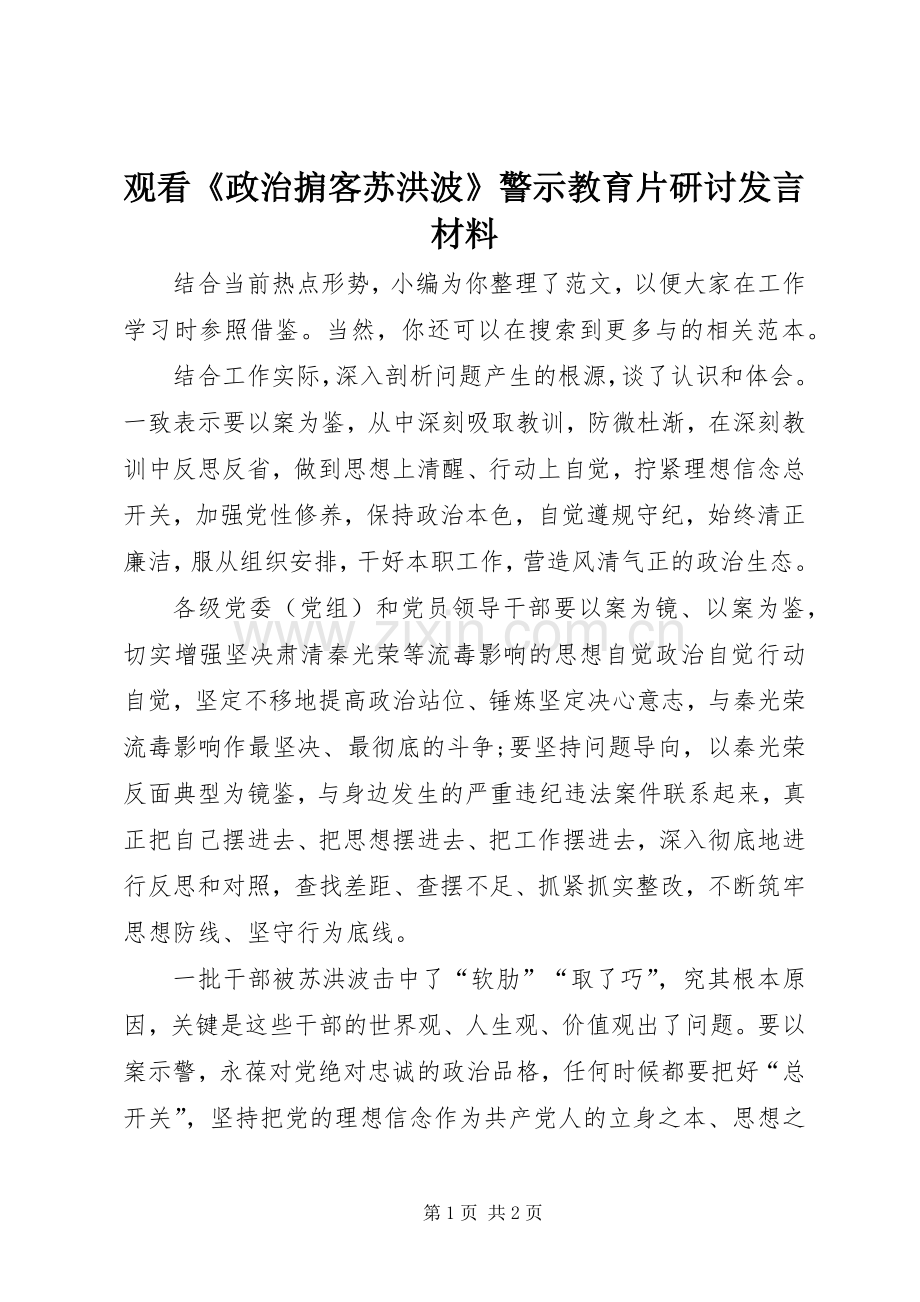 观看《政治掮客苏洪波》警示教育片研讨发言材料.docx_第1页