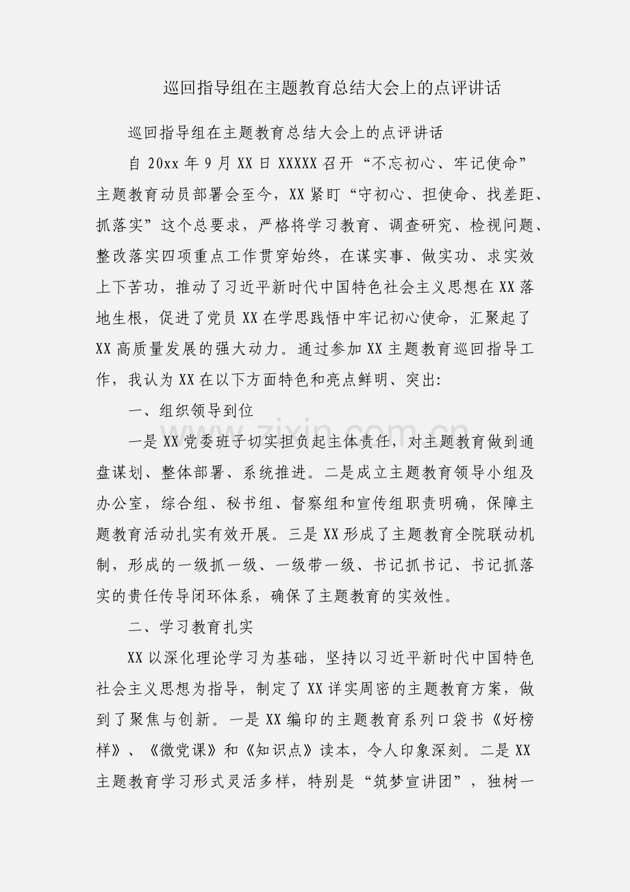 巡回指导组在主题教育总结大会上的点评讲话.docx_第1页