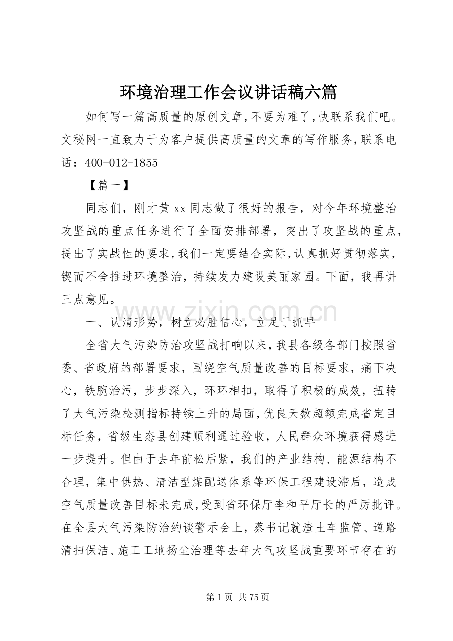 环境治理工作会议讲话稿六篇.docx_第1页