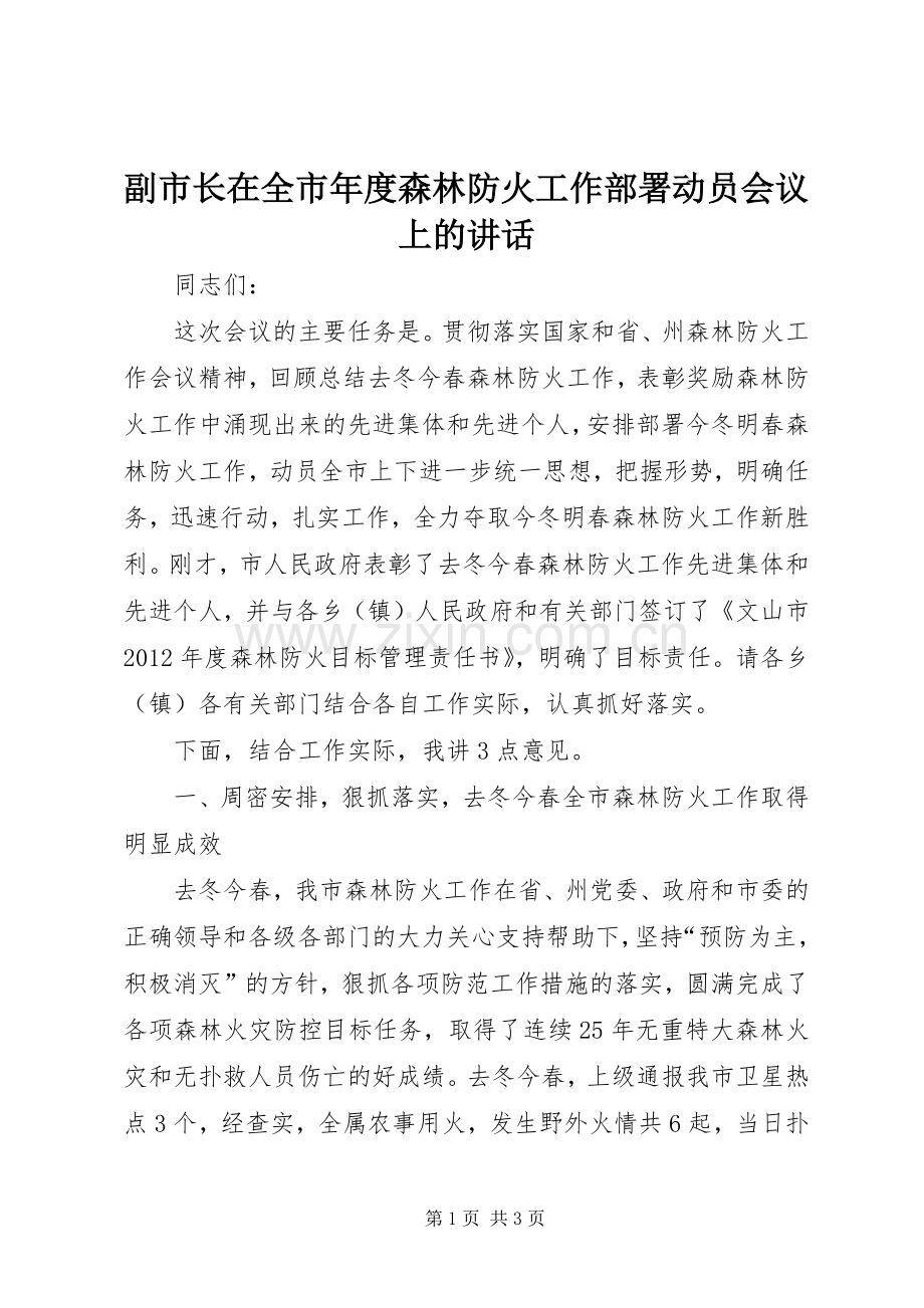 副市长在全市年度森林防火工作部署动员会议上的讲话.docx_第1页