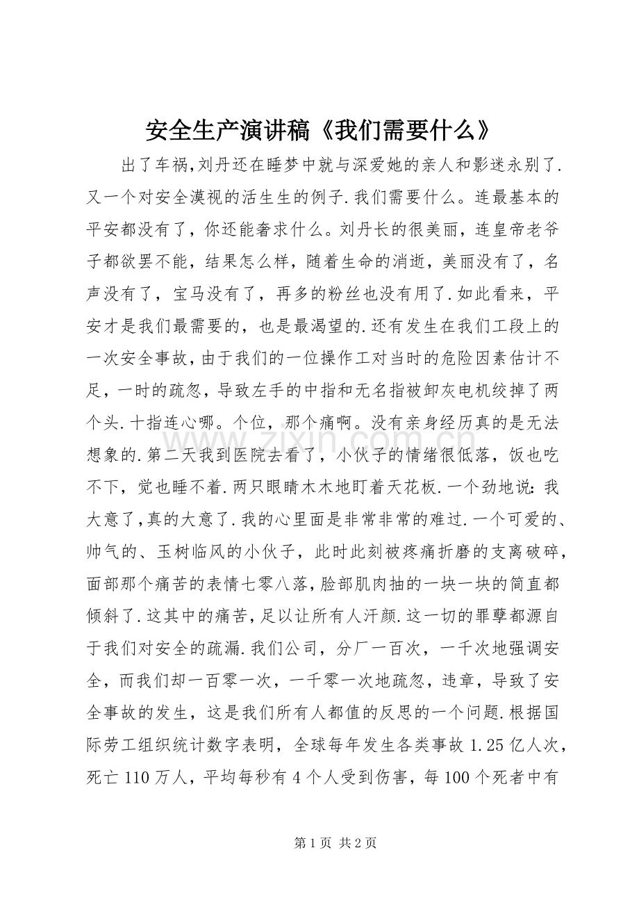 安全生产演讲稿《我们需要什么》.docx_第1页