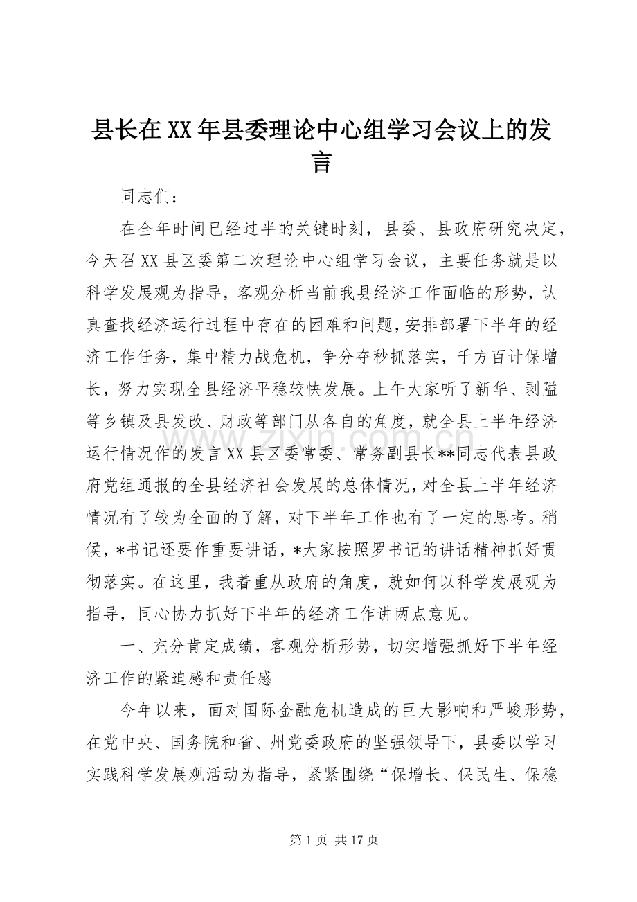 县长在XX年县委理论中心组学习会议上的发言.docx_第1页