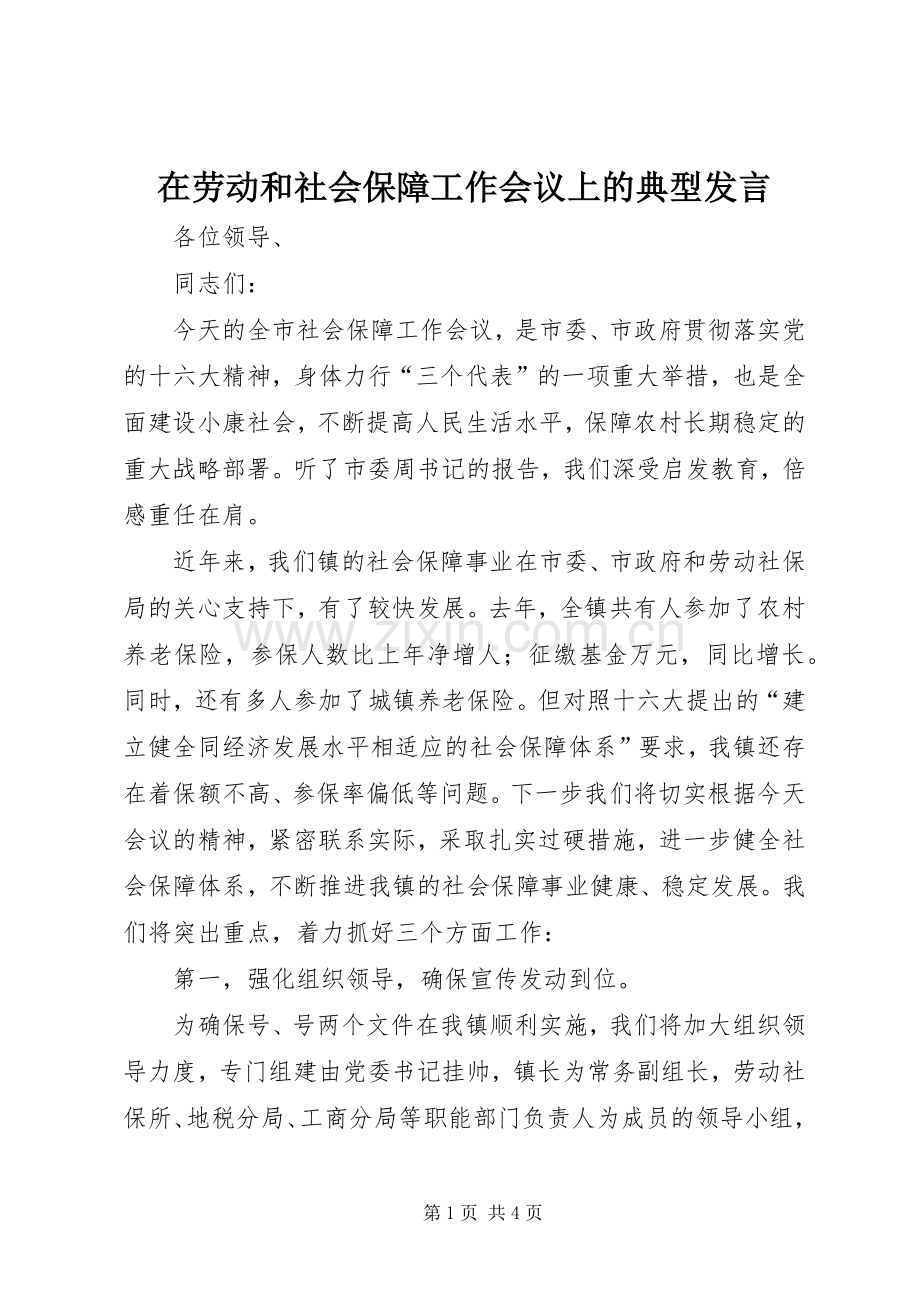 在劳动和社会保障工作会议上的典型发言.docx_第1页