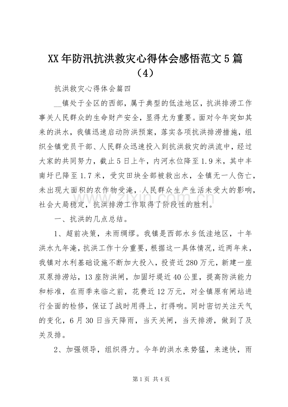 XX年防汛抗洪救灾心得体会感悟范文5篇（4）.docx_第1页