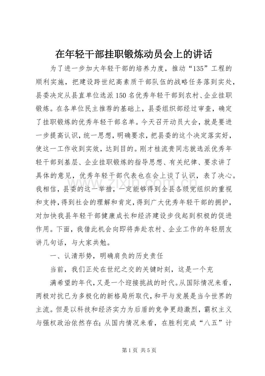 在年轻干部挂职锻炼动员会上的讲话.docx_第1页