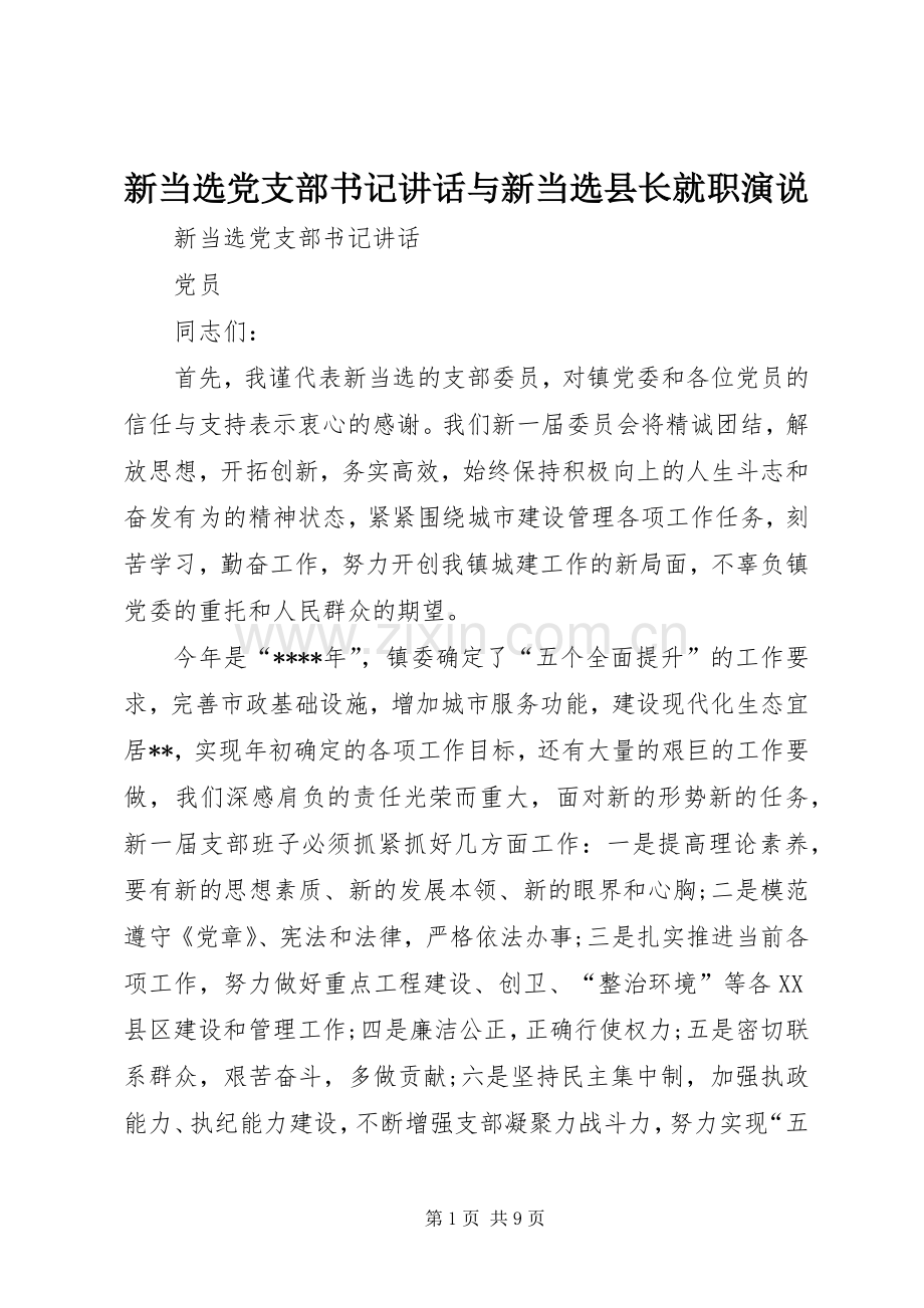 新当选党支部书记讲话与新当选县长就职演说.docx_第1页