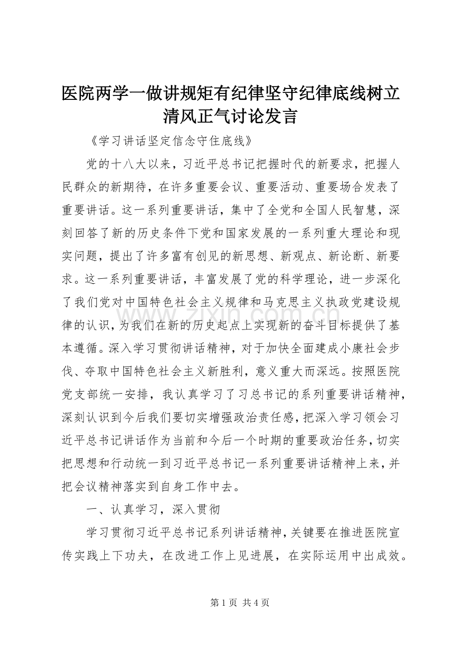 医院两学一做讲规矩有纪律坚守纪律底线树立清风正气讨论发言.docx_第1页