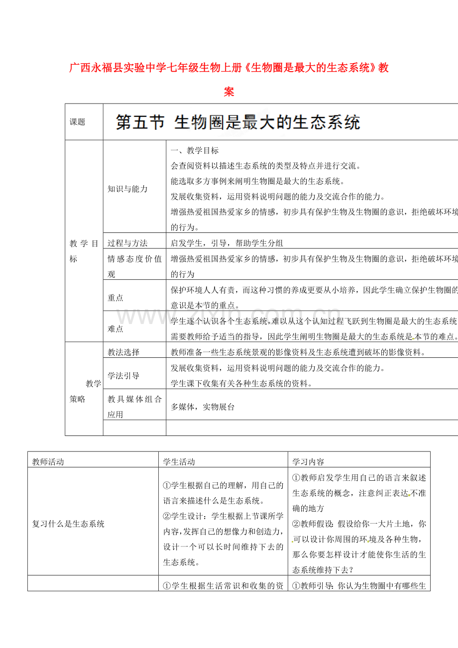 广西永福县实验中学七年级生物上册《生物圈是最大的生态系统》教案.doc_第1页