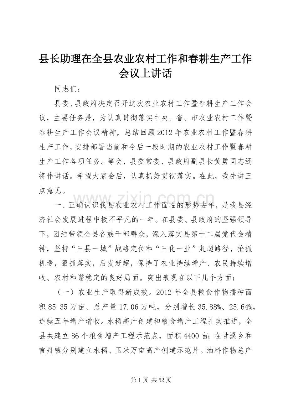 县长助理在全县农业农村工作和春耕生产工作会议上讲话.docx_第1页