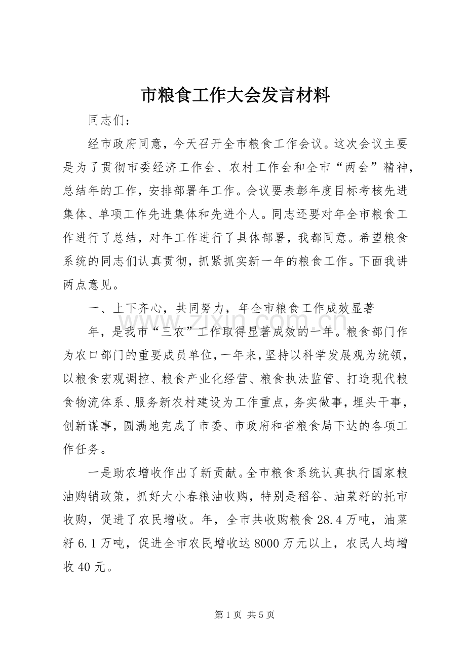 市粮食工作大会发言材料.docx_第1页