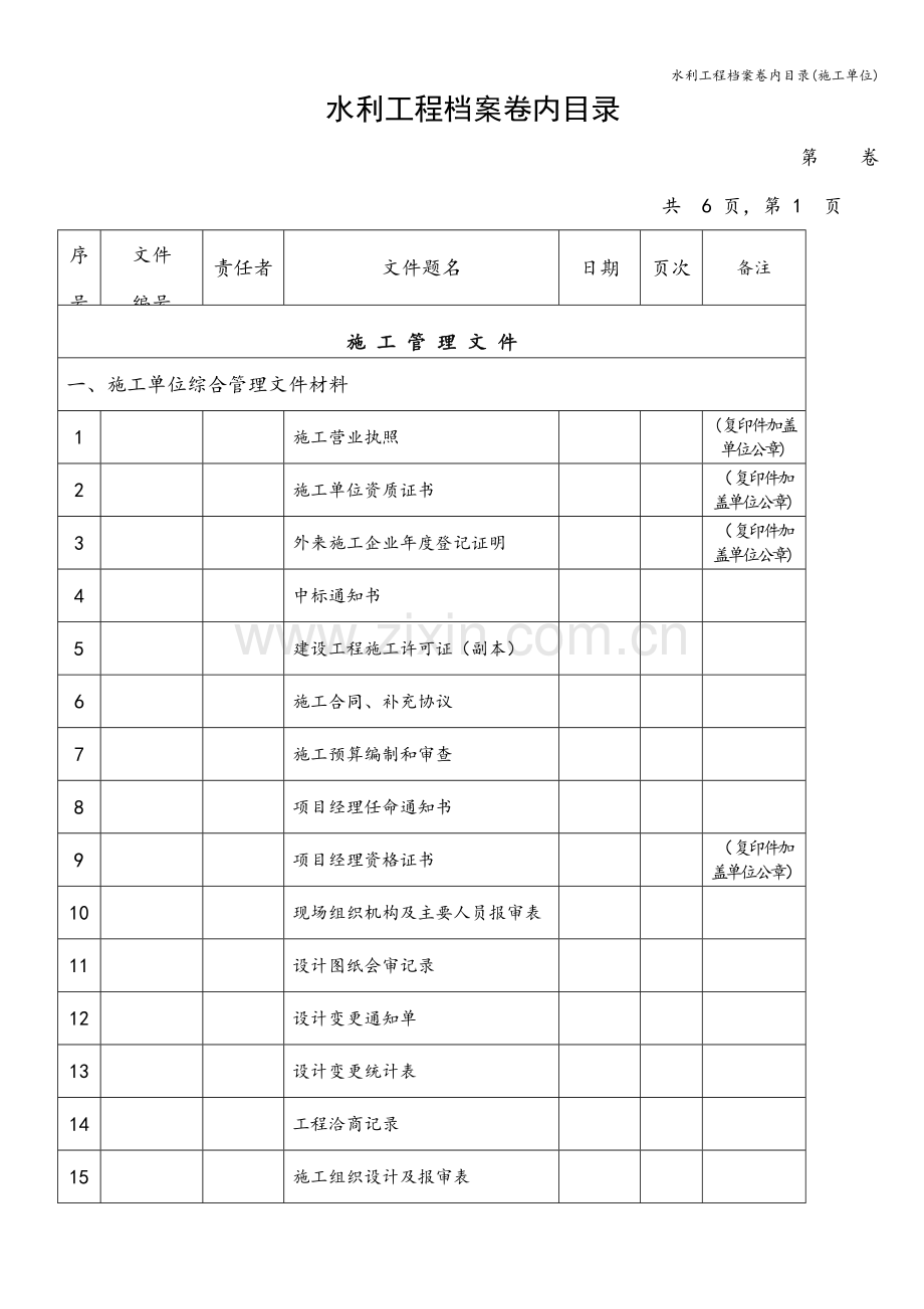 水利工程档案卷内目录(施工单位).doc_第1页