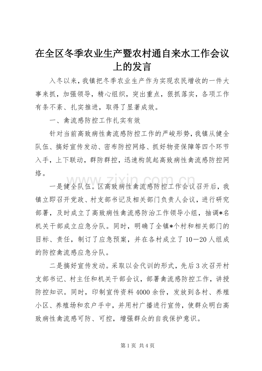 在全区冬季农业生产暨农村通自来水工作会议上的发言.docx_第1页