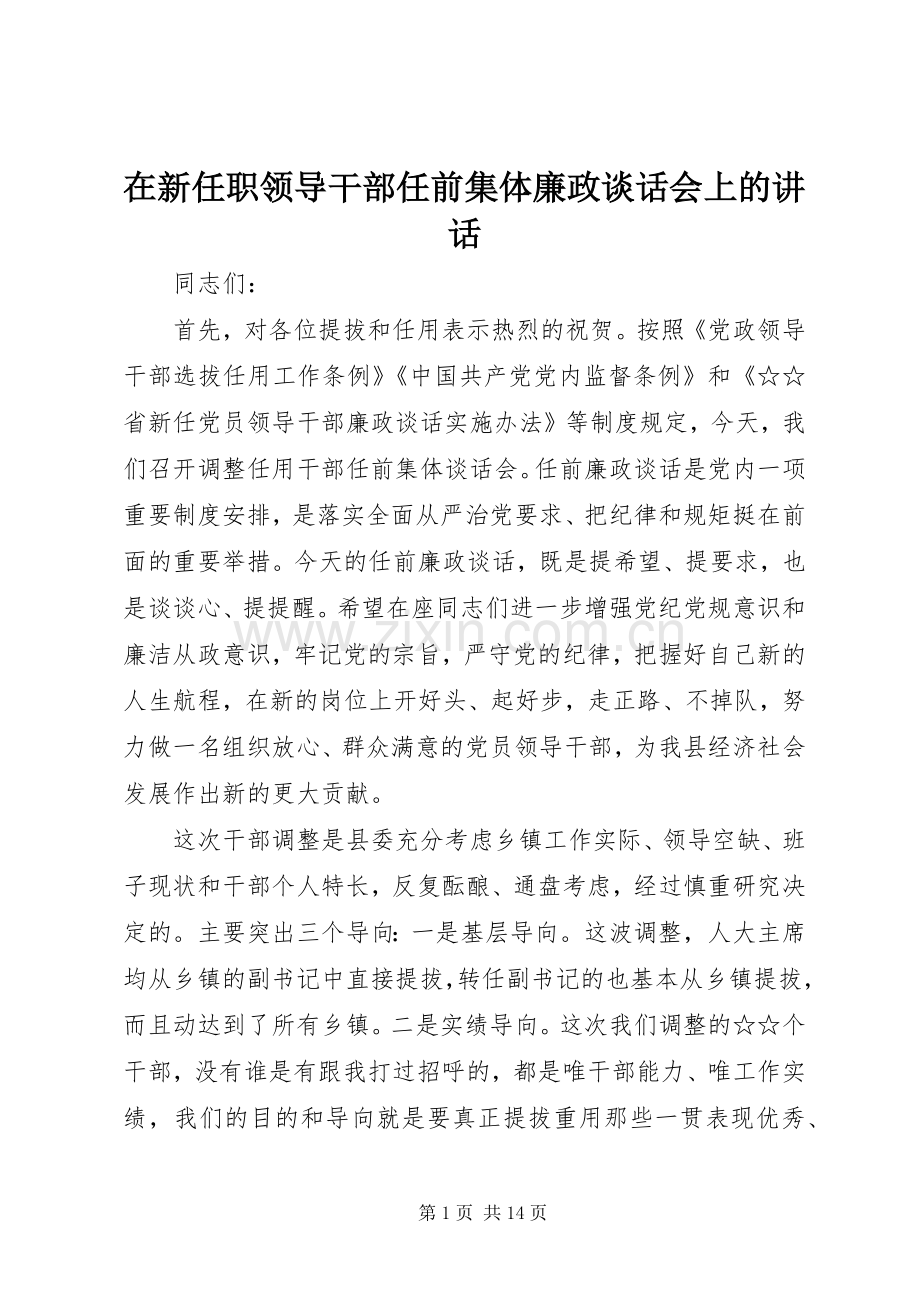 在新任职领导干部任前集体廉政谈话会上的讲话.docx_第1页