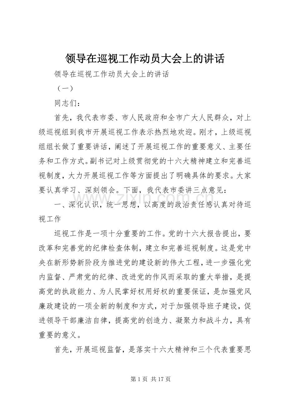 领导在巡视工作动员大会上的讲话.docx_第1页