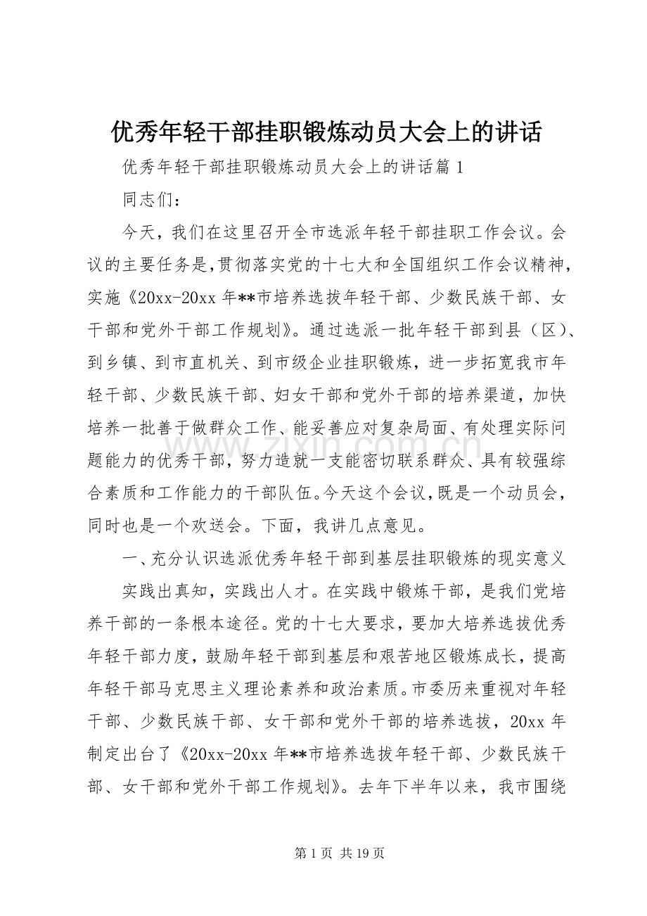 优秀年轻干部挂职锻炼动员大会上的讲话.docx_第1页