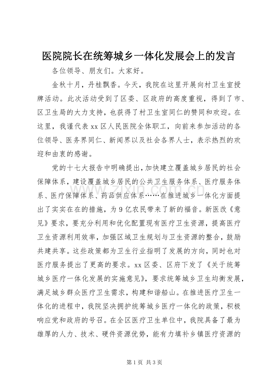 医院院长在统筹城乡一体化发展会上的发言.docx_第1页