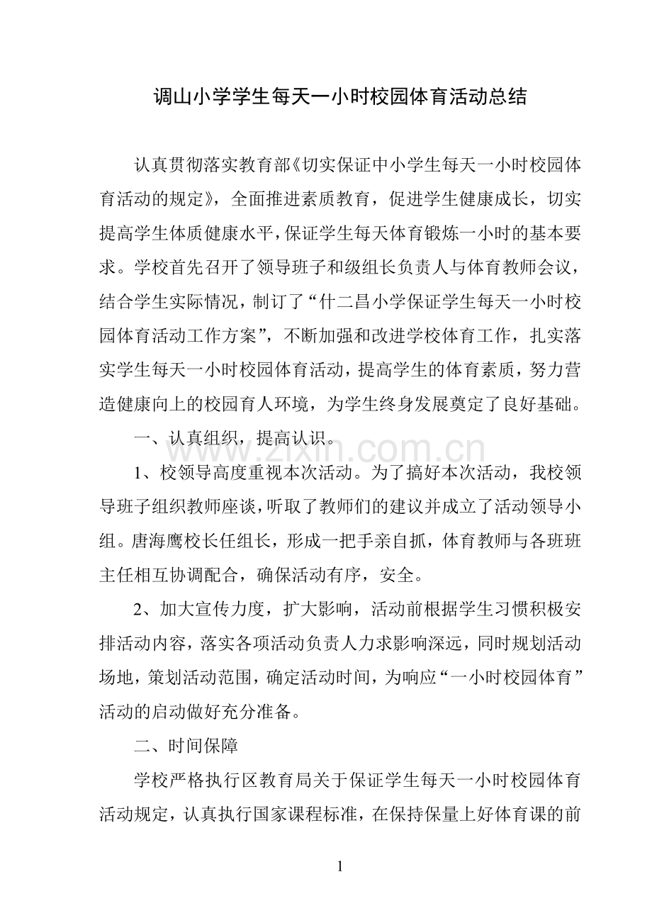 调山小学学生每天一小时校园体育活动总结.doc_第1页