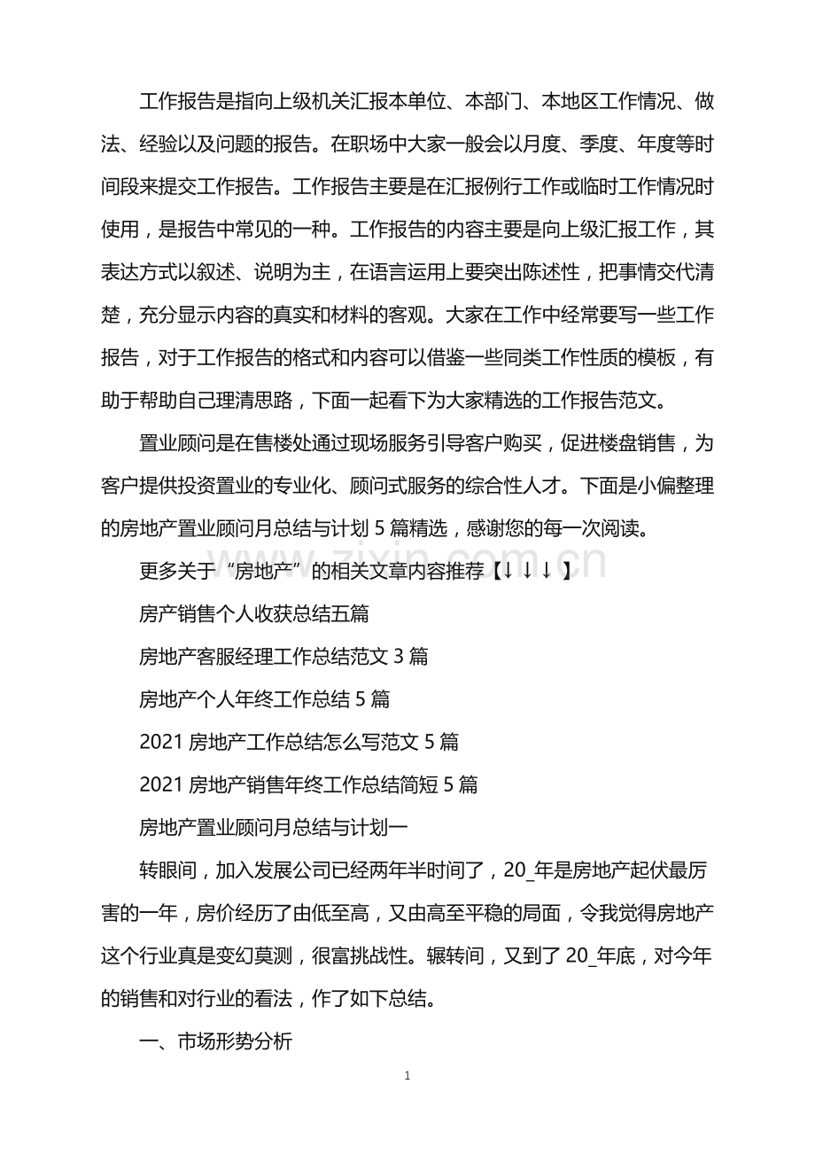 房地产置业顾问月总结与计划5篇.doc_第1页