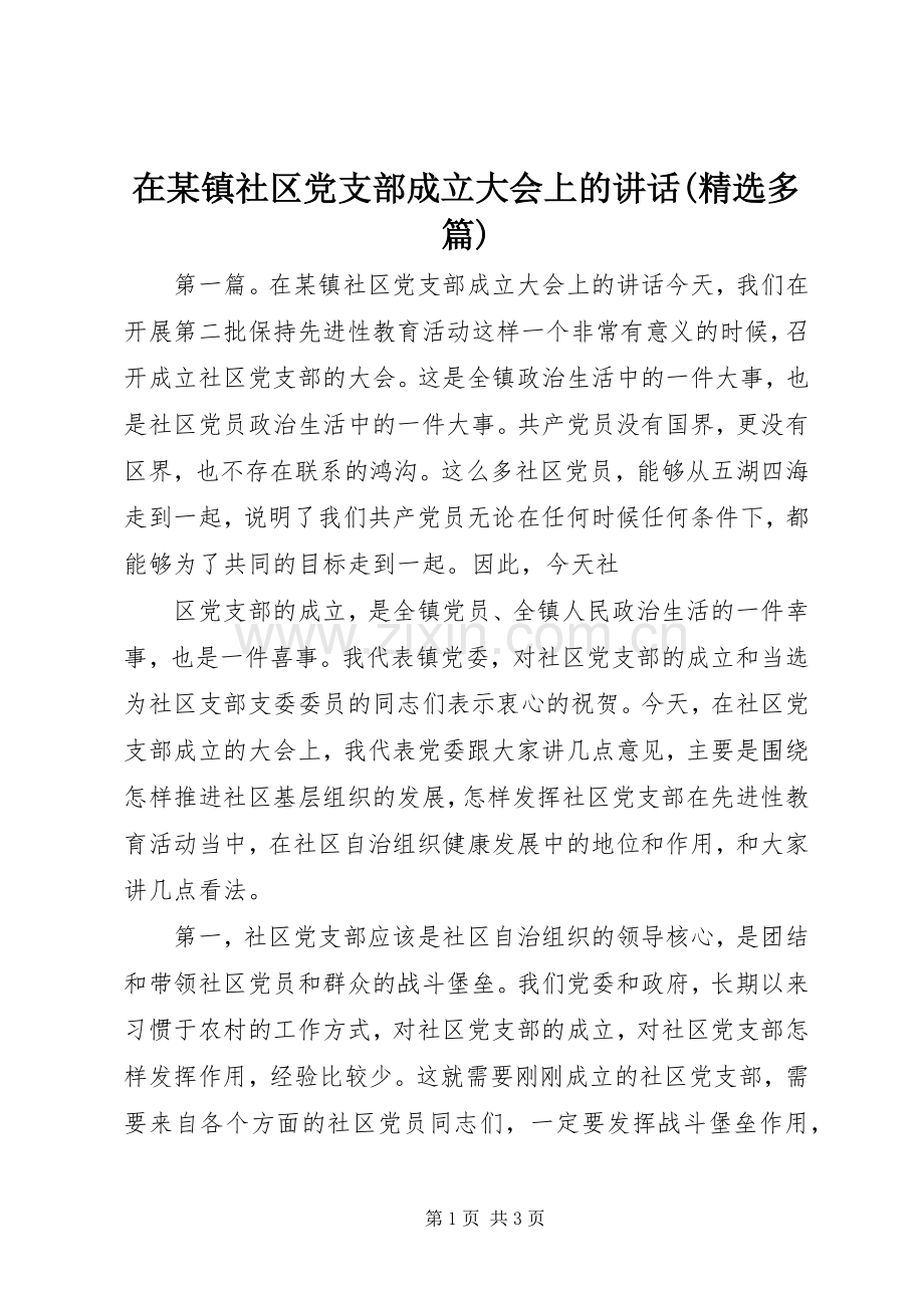 在某镇社区党支部成立大会上的讲话(多篇).docx_第1页