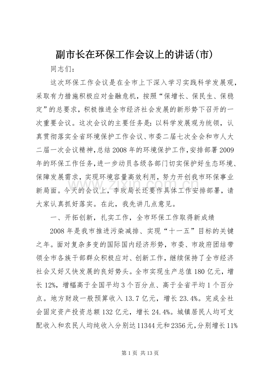 副市长在环保工作会议上的讲话(市).docx_第1页