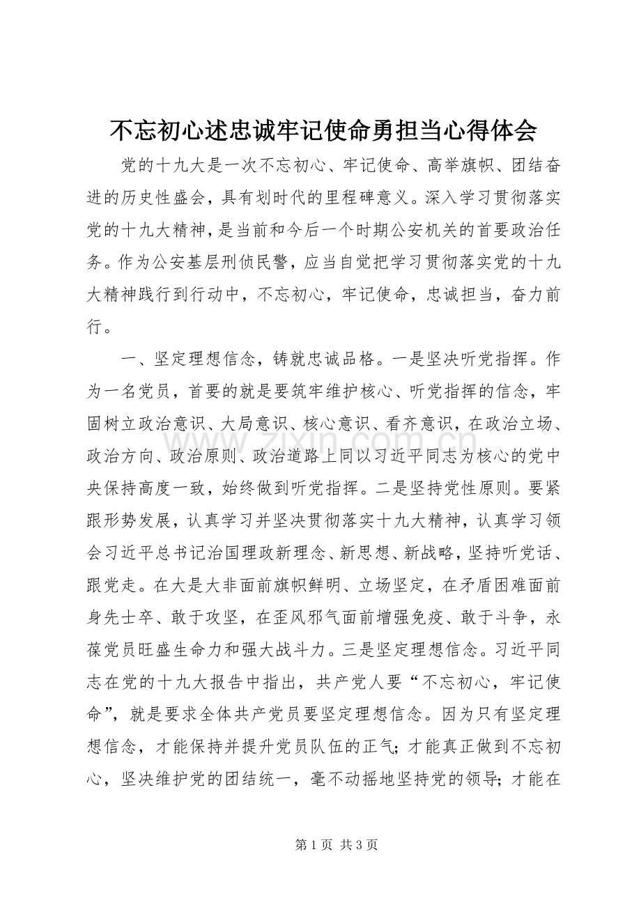 不忘初心述忠诚牢记使命勇担当心得体会.docx_第1页