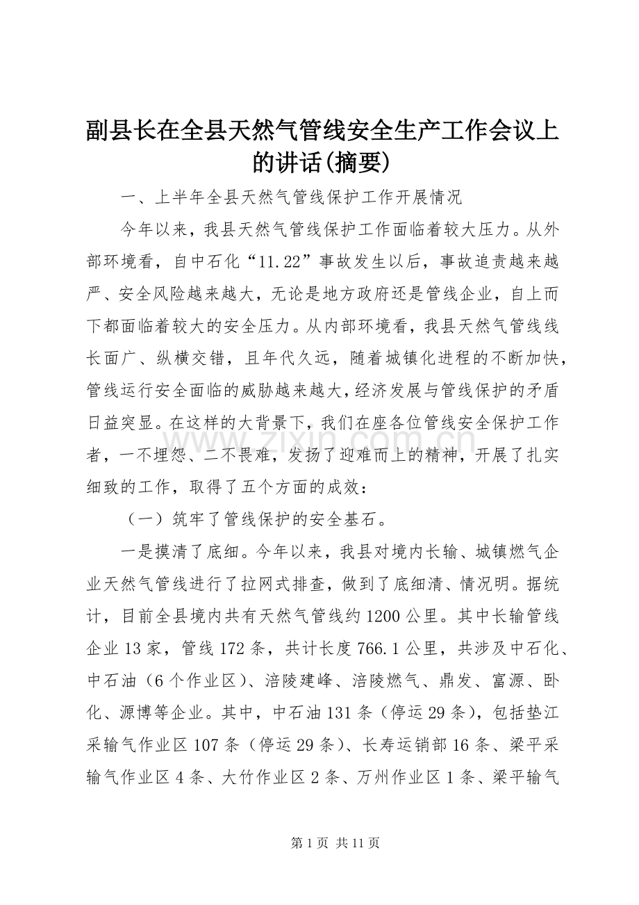 副县长在全县天然气管线安全生产工作会议上的讲话(摘要).docx_第1页