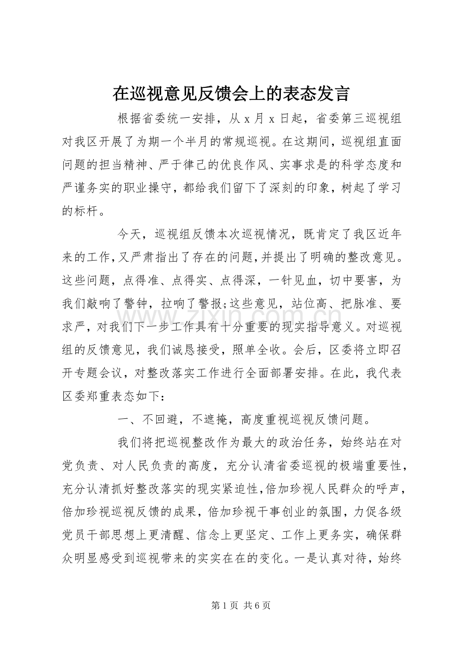 在巡视意见反馈会上的表态发言.docx_第1页