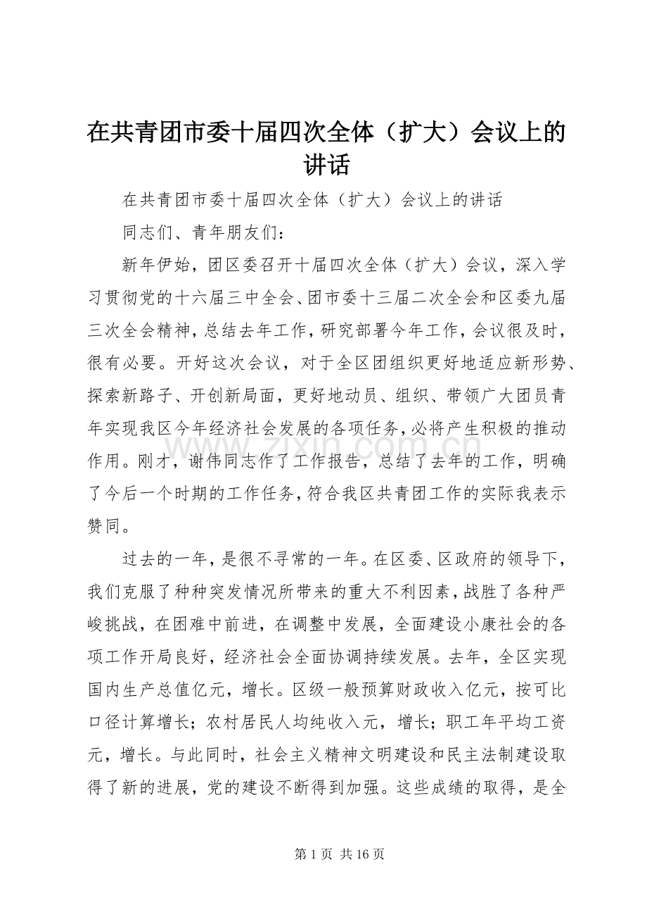 在共青团市委十届四次全体（扩大）会议上的讲话.docx_第1页