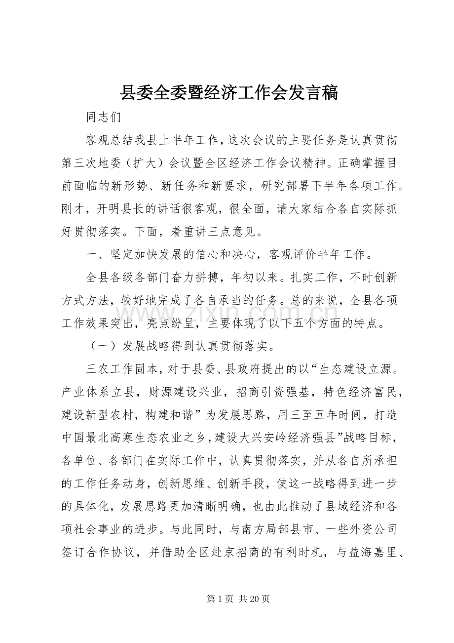 县委全委暨经济工作会发言稿.docx_第1页