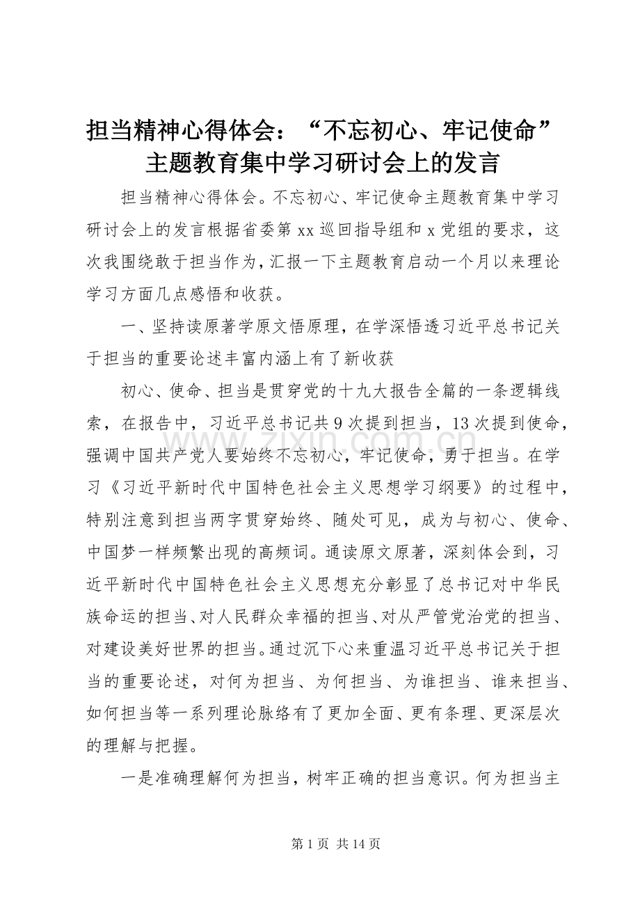 担当精神心得体会：“不忘初心、牢记使命”主题教育集中学习研讨会上的发言.docx_第1页