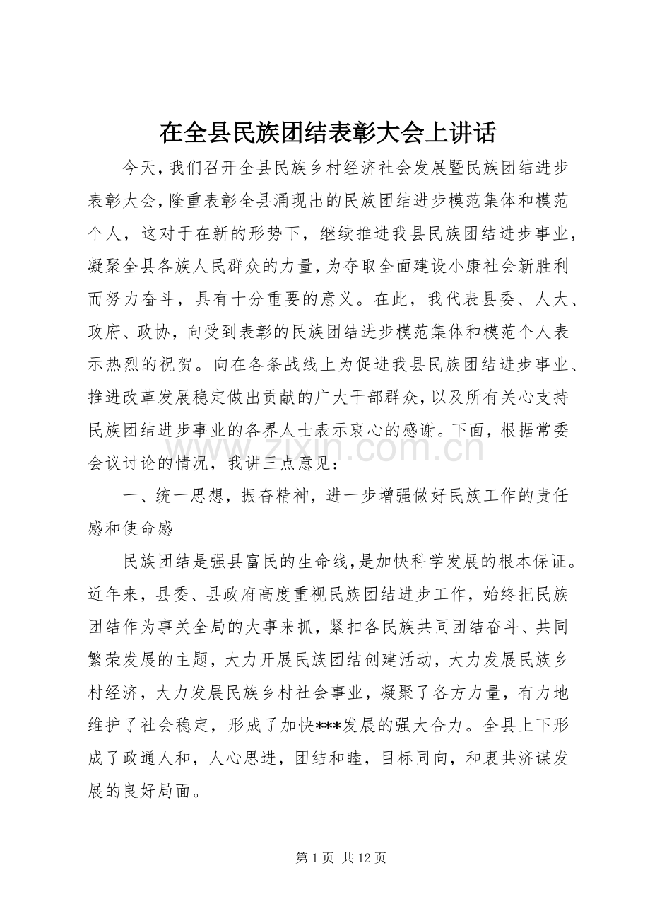 在全县民族团结表彰大会上讲话.docx_第1页