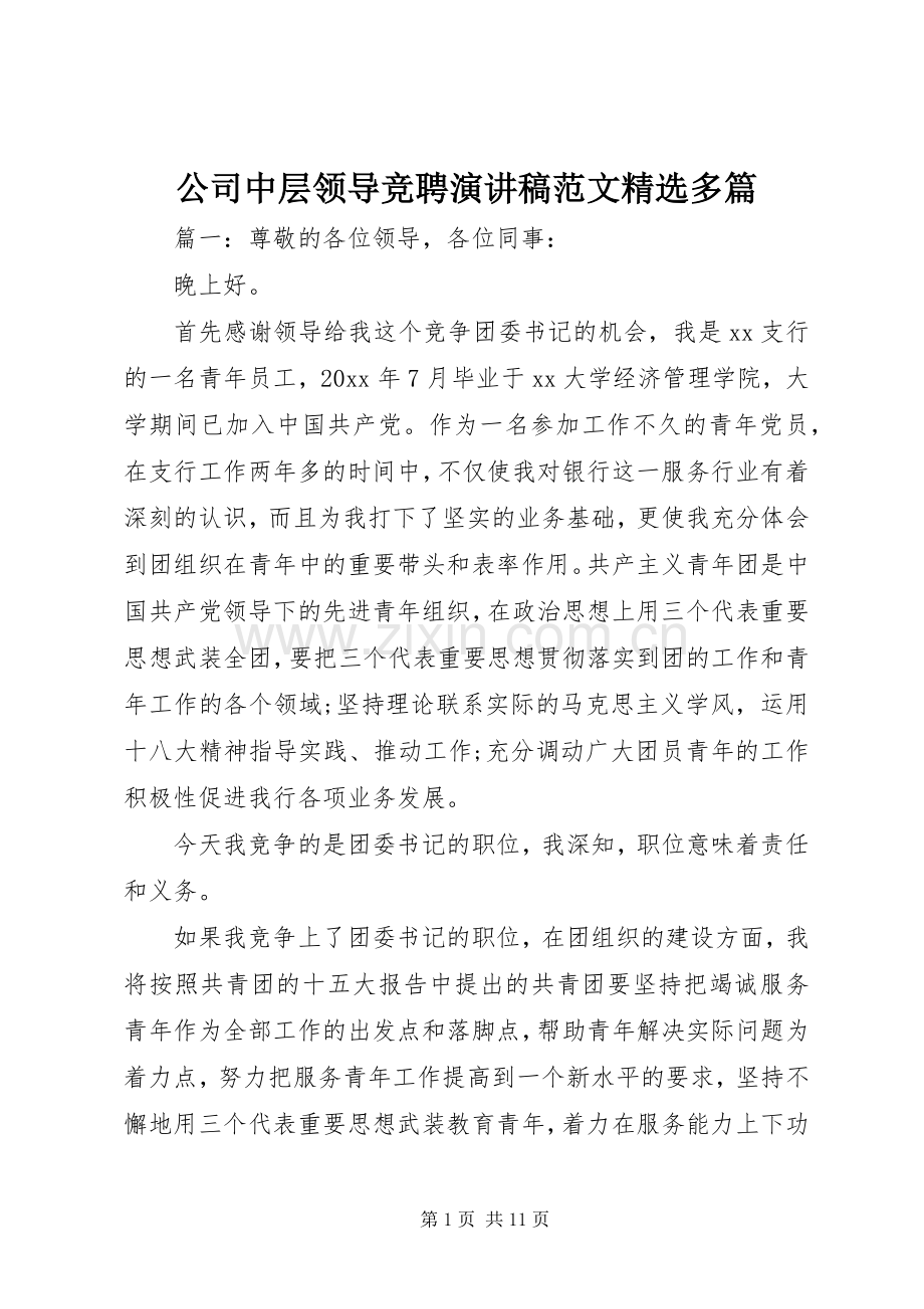 公司中层领导竞聘演讲稿范文多篇.docx_第1页