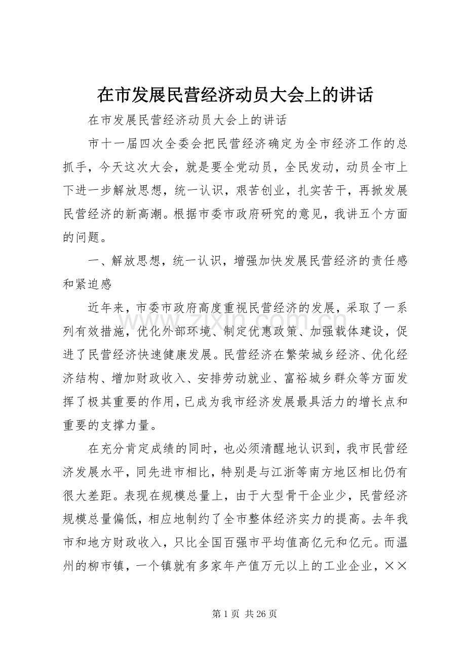 在市发展民营经济动员大会上的讲话.docx_第1页