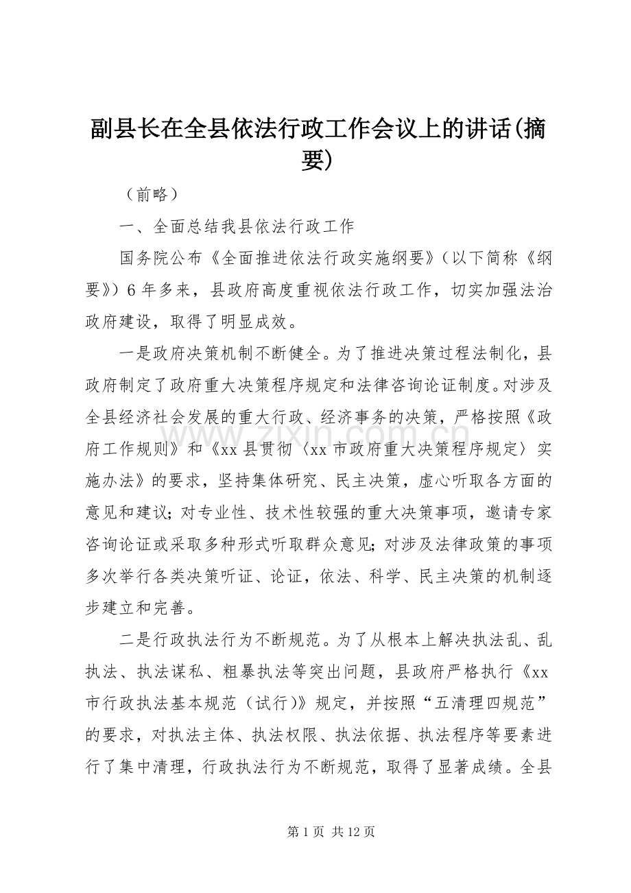 副县长在全县依法行政工作会议上的讲话(摘要).docx_第1页