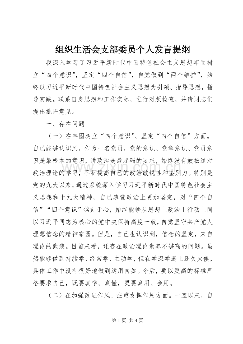 组织生活会支部委员个人发言提纲.docx_第1页