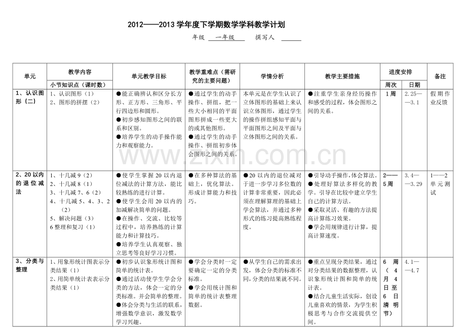 一年级下数学计划(许艳萍).doc_第1页