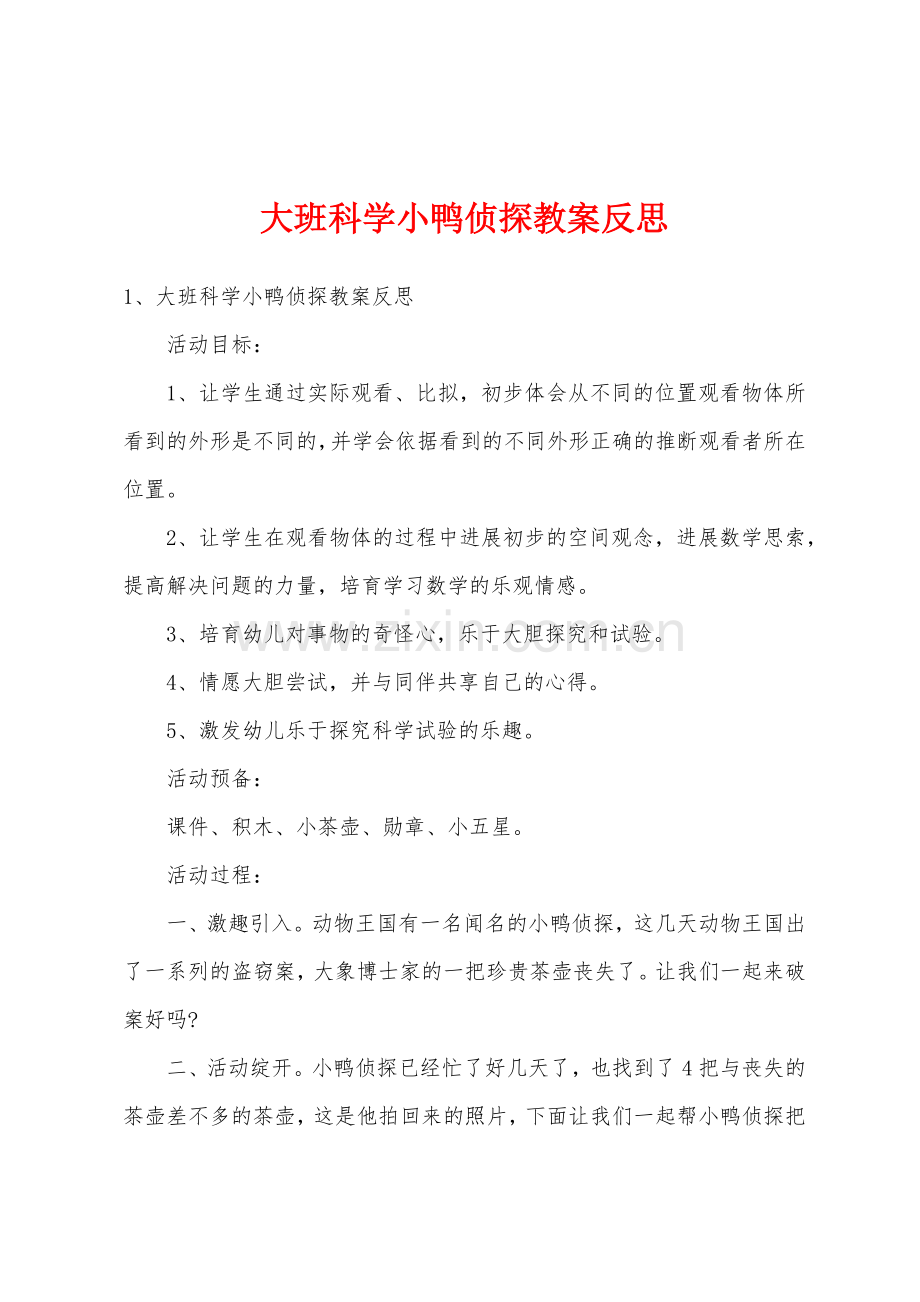 大班科学小鸭侦探教案反思.docx_第1页