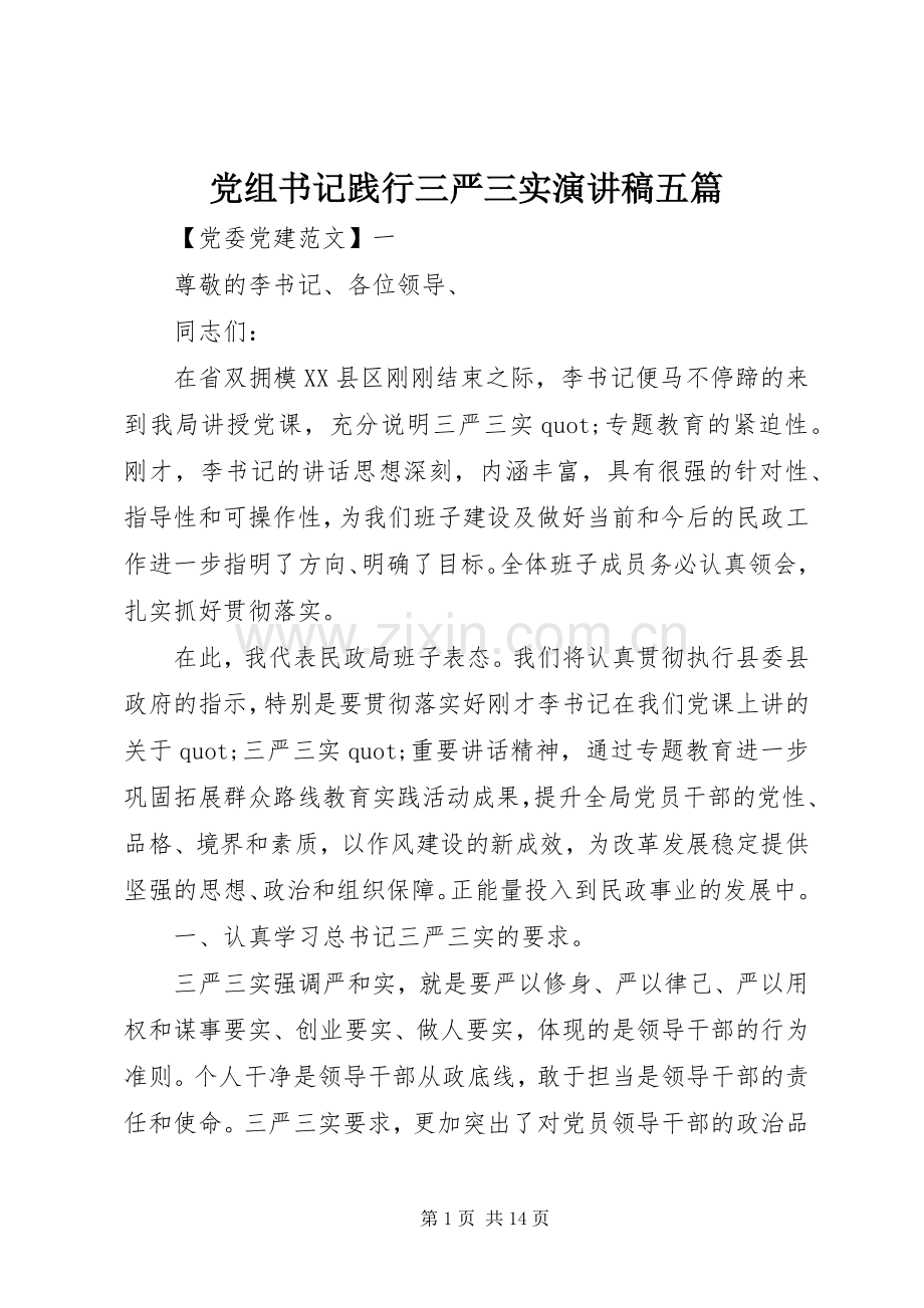 党组书记践行三严三实演讲稿五篇.docx_第1页