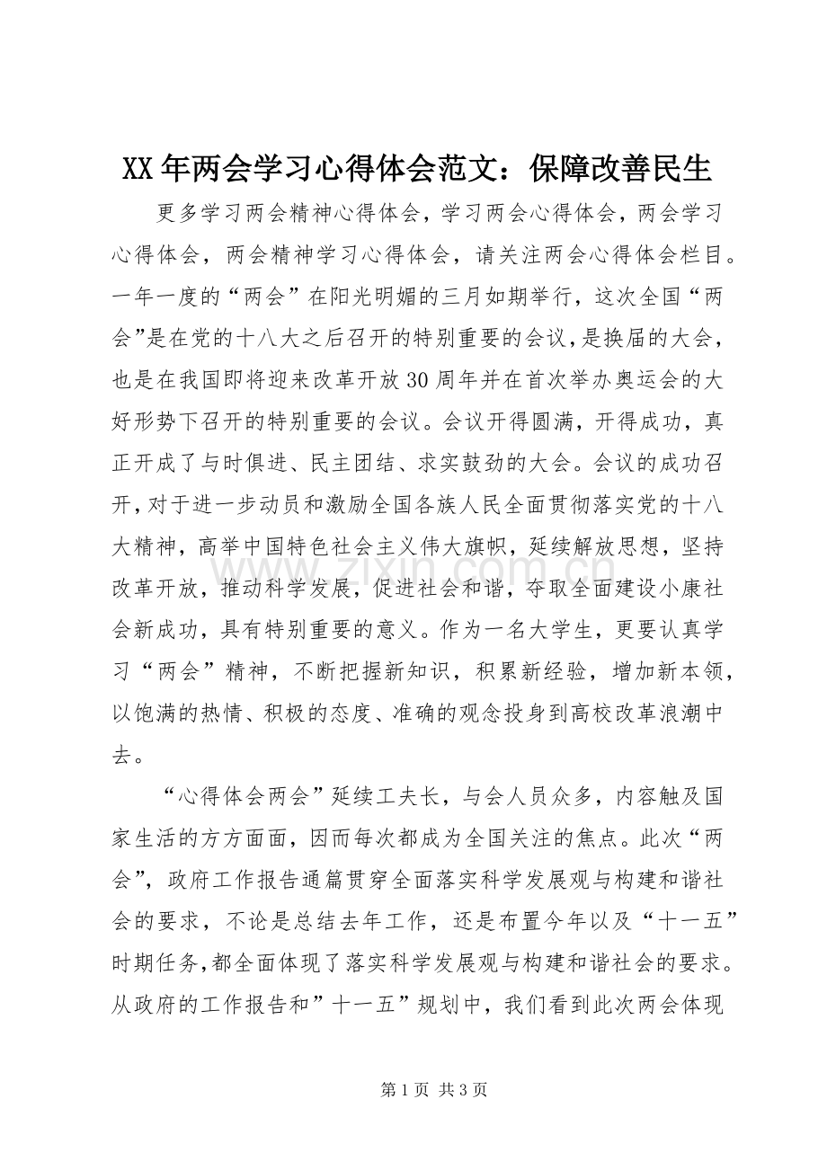 XX年两会学习心得体会范文：保障改善民生.docx_第1页