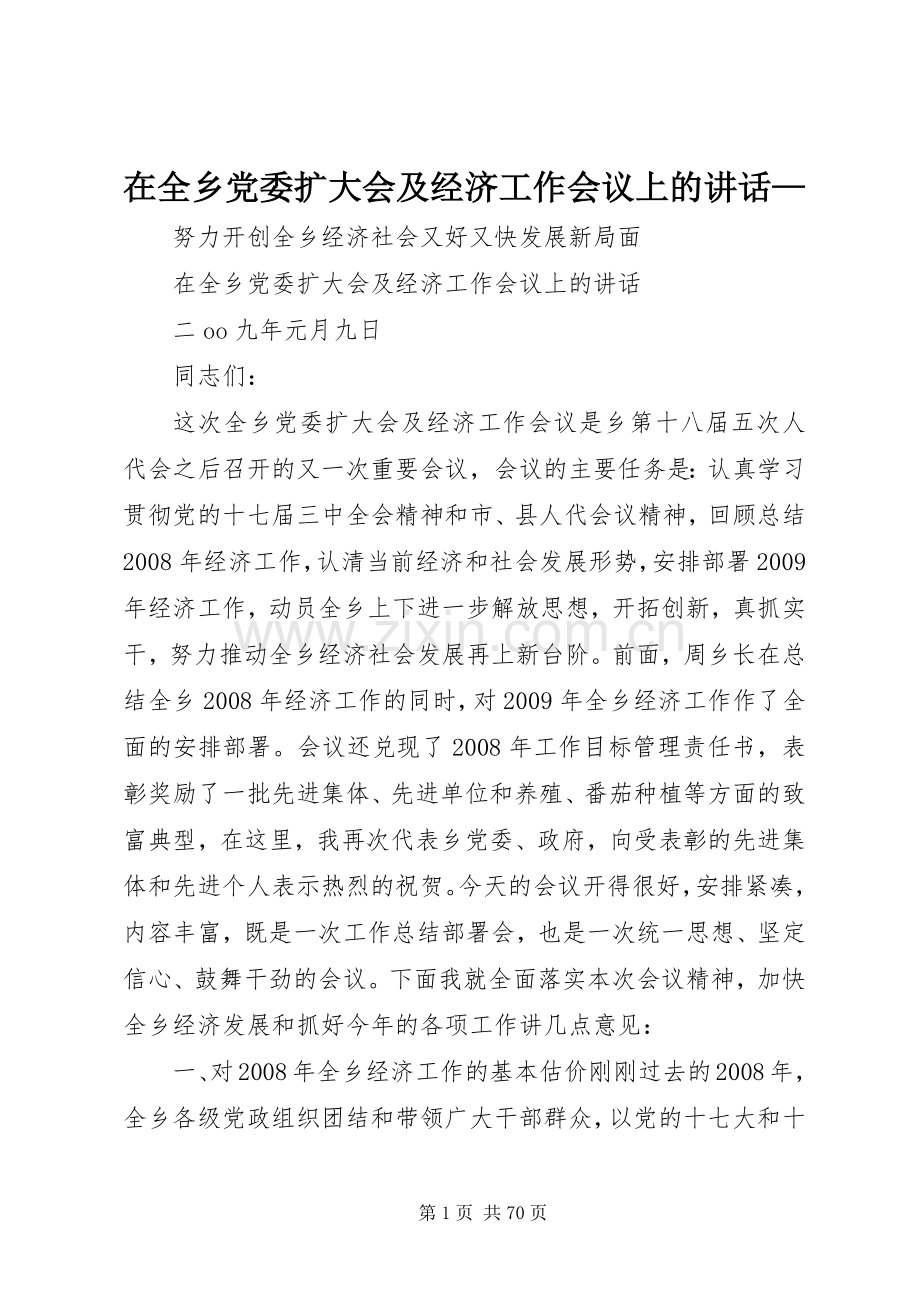 在全乡党委扩大会及经济工作会议上的讲话—.docx_第1页