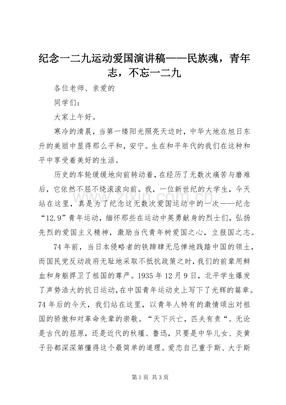 纪念一二九运动爱国演讲稿——民族魂青年志不忘一二九.docx_第1页