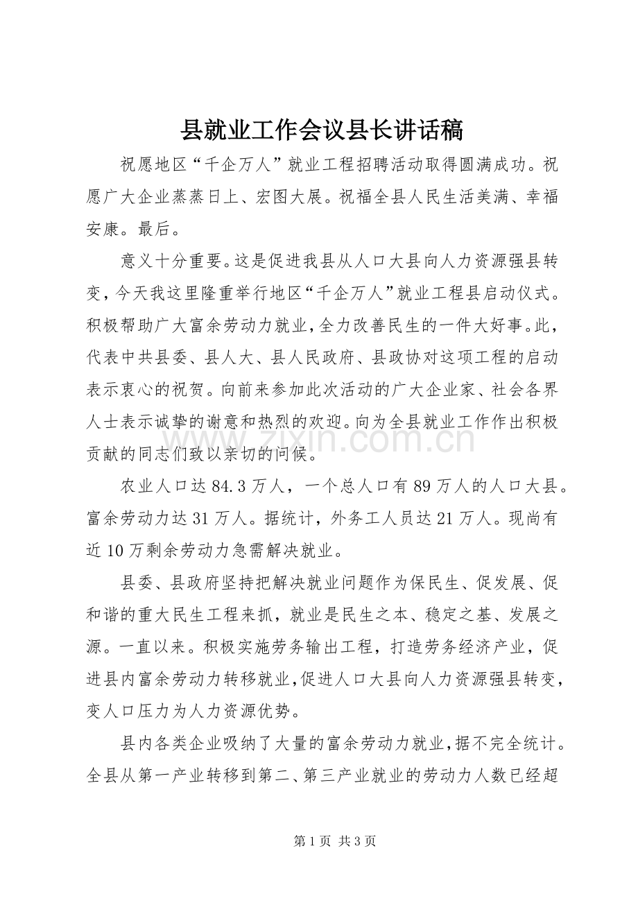 县就业工作会议县长讲话稿.docx_第1页