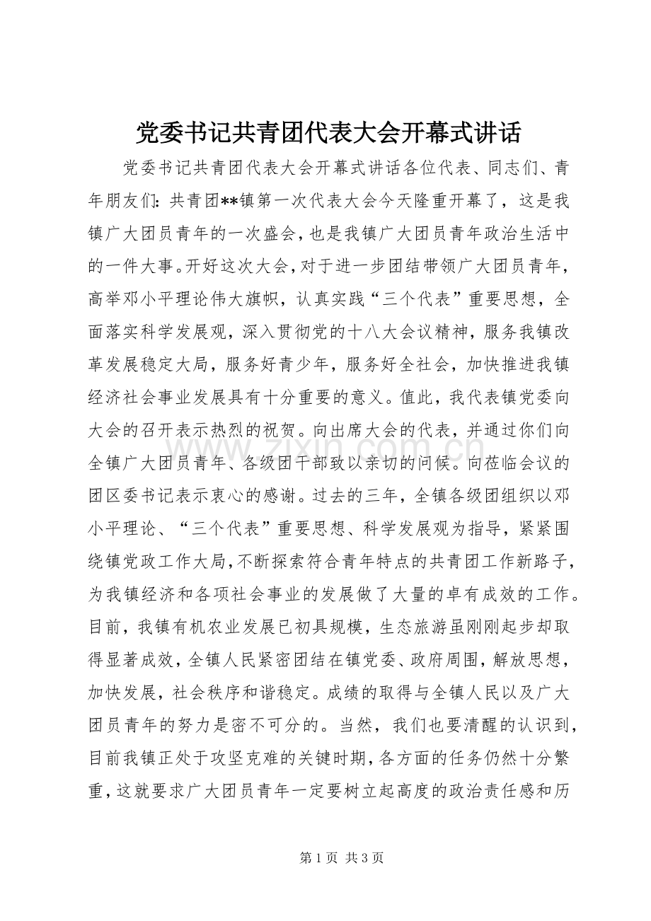 党委书记共青团代表大会开幕式讲话.docx_第1页